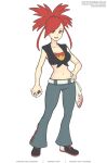  1girl breasts crop_top denim flannery_(pokemon) full_body gofelem holding jeans long_hair looking_at_viewer midriff navel open_mouth pants pokemon pokemon_(game) pokemon_rse red_eyes red_hair simple_background smile solo white_background 