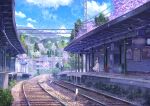  1girl absurdres artist_request blue_sky building commentary day dress english_commentary highres original overhead_line power_lines railing railroad_tracks scenery sky train_station train_station_platform vanishing_point wind 