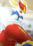  2022 absurd_res anthro big_butt breasts butt cinderace featureless_breasts female hi_res kicktyan looking_at_viewer looking_back nintendo pok&eacute;mon pok&eacute;mon_(species) solo video_games 