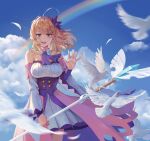 1girl absurdres ahoge ascot bare_shoulders bird blonde_hair blue_sky blurry blurry_foreground cloud commentary_request cowboy_shot day detached_collar detached_sleeves dress falling_feathers flower grey_eyes hair_flower hair_ornament hand_up highres holding holding_staff medium_hair mmmilk open_mouth original outdoors pink_skirt purple_ascot purple_dress purple_flower rainbow skirt sky solo staff strapless strapless_dress two-tone_dress waving white_dress white_sleeves 