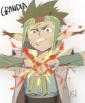  1boy brown_eyes clenched_hands clenched_teeth copyright_name facial_mark grandia grandia_i headband kurita_shin&#039;ichi looking_at_viewer pointy_ears punching rapp_(grandia) solo teeth whisker_markings 