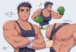  1boy absurdres bandaged_hand bandages bara black_hair black_tank_top boxing_gloves closed_mouth crossed_arms green_eyes green_shorts highres large_pectorals little_mac looking_at_viewer male_focus milkiato muscular muscular_male nipples pectoral_focus pectorals punch-out!! short_hair shorts sidepec smile solo sweat tank_top 