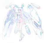  1girl alternate_costume animal_ears blue_eyes breasts character_name cleavage counter:side covered_navel cup drinking_glass fake_animal_ears groin high_heels highleg highres horizon_(counter:side) long_hair looking_at_viewer playboy_bunny thighhighs tray weaselweasel white_background white_hair white_legwear 