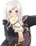  1girl armpit_peek blush bread breasts cleavage dressing fingerless_gloves fire_emblem fire_emblem_awakening food food_in_mouth gloves highres jiro_baji long_hair looking_at_viewer robe robin_(fire_emblem) robin_(fire_emblem)_(female) simple_background solo upper_body white_background white_hair wide_sleeves yellow_eyes 