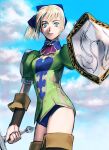 1girl blonde_hair blue_eyes bow breasts cassandra_alexandra closed_mouth cloud detached_sleeves hair_bow leotard ponytail sakamoto_mineji shield short_hair smile solo soulcalibur soulcalibur_ii sword thighhighs weapon 