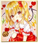  1girl ascot blonde_hair bow chocolate crystal eating fang flandre_scarlet frilled_shirt_collar frilled_sleeves frills hair_ribbon heart highres medium_hair mimi_(mimi_puru) one_side_up open_mouth photo_(medium) puffy_short_sleeves puffy_sleeves red_bow red_eyes red_ribbon red_skirt red_vest ribbon shikishi shirt short_sleeves skirt solo touhou traditional_media valentine vest waist_bow white_shirt wings yellow_ascot 