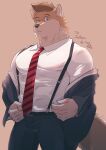  absurd_res anthro belt business_suit canid canine canis clothing dress_shirt head_tuft hi_res looking_at_viewer male mammal muscular muscular_male necktie pecs sawch_cls shirt simple_background solo suit suspenders topwear tuft wolf 