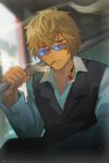  1boy absurdres artist_name black_vest blonde_hair blurry blurry_background brown_eyes cigarette dated day durarara!! eromkk heiwajima_shizuo highres long_sleeves looking_at_viewer male_focus outdoors over_shoulder short_hair smoking solo sunglasses vest 