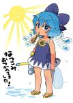  1girl alternate_costume arms_at_sides bangs blue_bow blue_dress blue_eyes blue_hair bow cirno commentary_request dress flower hair_bow holding holding_towel ice ice_wings looking_at_viewer mashuu_masaki mouth_hold sandals snorkel solo standing sun sunflower tanned_cirno touhou towel translation_request water_drop wings 