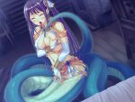  1girl bare_shoulders bubuzuke closed_eyes female_masturbation game_cg indoors lamia lamia_hygieia long_hair mamonomusume_to_no_seikatsu_~ramia_no_baai~ masturbation monster_girl navel on_floor open_mouth purple_hair scales self_fondle snake_tail tail tongue tongue_out wooden_floor 