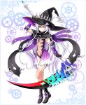  1girl boots breasts commentary_request fingerless_gloves full_body gauntlets gears gloves hat highres hilda_(stella_glow) looking_at_viewer navel scythe silver_hair small_breasts solo stella_glow thighhighs tk8d32 weapon witch_hat yellow_eyes 