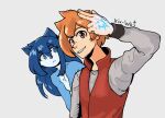  accessory anthro ayla_(skyline) blue_body blue_eyes blue_fur blue_hair breasts canid canine canis chase_whitelake duo female fur hair hair_accessory hi_res human humanoid kiu-wot male mammal moon_wolf multicolored_body multicolored_fur orange_eyes orange_hair skyline_(comic) small_breasts smile tattoo webcomic_character wolf zedian 