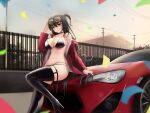  1girl absurdres azur_lane bangs bikini bikini_top_only black_bikini black_choker black_hair black_legwear breasts car choker cleavage closed_mouth eyebrows_visible_through_hair eyewear_on_head ground_vehicle hand_in_own_hair hand_on_head highres jacket jacket_pull kcar66t large_breasts long_hair looking_at_viewer motor_vehicle official_alternate_costume open_clothes open_jacket petals race_queen red_eyes red_jacket scenery side_ponytail sitting solo swimsuit taihou_(azur_lane) taihou_(enraptured_companion)_(azur_lane) thighhighs thighs 