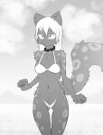  2022 5_fingers absurd_res anthro bikini breasts claws clothed clothing eldiman eyebrows felid female finger_claws fingers fist fur hair hi_res mammal markings navel open_mouth skimpy solo spots spotted_body spotted_fur spotted_markings spotted_tail swimwear tail_markings 