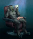  absurd_res alien anthro casual_nudity chair furniture genitals green_eyes halo_(series) hi_res holyravioli long_penis male microsoft penis penis_resting_on_thigh reading rusa_&#039;vrahem sangheili slit solo tablet video_games xbox_game_studios 