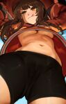  1girl :q ass bike_shorts blush breasts brown_eyes brown_hair cameltoe from_below guilty_gear guilty_gear_strive hat highres holding holding_weapon long_hair may_(guilty_gear) navel roropull solo tongue tongue_out underboob weapon 
