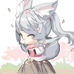  1girl animal_ear_fluff animal_ears barefoot big_head chibi closed_mouth commentary_request fox_ears fox_girl fox_tail grey_hair highres japanese_clothes kimono long_hair long_sleeves obi one_eye_closed original petals ponytail sash sitting solo tail very_long_hair white_kimono wide_sleeves yuuji_(yukimimi) 