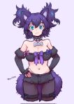  1girl animal_ears bare_shoulders black_gloves black_legwear black_shirt black_shorts blue_eyes bone_necklace cerberus_(kemono_friends) collar cowboy_shot cutoffs dog_ears dog_girl dog_tail elbow_gloves eyebrows_visible_through_hair fingerless_gloves gloves glowing glowing_eyes hands_on_hips highres kemono_friends kemono_friends_3 looking_at_viewer midriff name_tag navel pantyhose purple_eyes ra_chomo_p shirt short_hair short_shorts shorts sleeveless solo spiked_collar spikes strapless tail thigh_strap tube_top twintails 