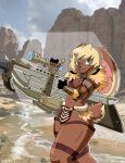  anthro armor blonde_hair bone_necklace bowgun brown_body brown_fur capcom cometbun desert front_view fur gesture girly green_eyes gun hair hi_res jewelry lagomorph leporid male mammal monster_hunter necklace rabbit ranged_weapon smile solo sorbet_(artist) thick_thighs thumbs_up tribal_clothing video_games weapon yellow_body yellow_fur 