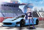  1girl absurdres azur_lane bangs black_gloves boots breasts car cleavage closed_mouth collarbone enterprise_(azur_lane) enterprise_(wind_catcher)_(azur_lane) eyebrows_visible_through_hair ferrari full_body gloves ground_vehicle hand_on_hip high_heel_boots high_heels highres holding holding_umbrella kcar66t long_hair looking_at_viewer medium_breasts motor_vehicle official_alternate_costume petals purple_eyes purple_footwear purple_legwear purple_shorts race_queen shorts side_ponytail silver_hair single_glove solo standing thigh_boots thighhighs umbrella very_long_hair 