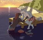  anthro canid canine canis detailed detailed_background duo hand_holding hi_res kissing love making_out male male/male mammal marine merfolk mermaidification painting_(artwork) sea seaside shirtless sinserenity split_form traditional_media_(artwork) water wolf 