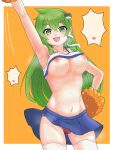  1girl absurdres adapted_costume arm_up armpits bangs big_mouse blank_speech_bubble blue_skirt blush breast_slip breasts cameltoe cheerleader commentary_request cowboy_shot eyebrows_visible_through_hair frog_hair_ornament green_eyes green_hair hair_ornament hair_tubes heart highres kochiya_sanae large_breasts long_hair looking_at_viewer navel nipples open_mouth panties pom_pom_(cheerleading) red_panties shirt skirt sleeveless sleeveless_shirt smile snake_hair_ornament solo speech_bubble star-shaped_pupils star_(symbol) symbol-shaped_pupils touhou underwear white_shirt 