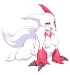  anthro blush breasts claws female fur hi_res leisure_bug looking_at_viewer mammal markings nintendo nude pok&eacute;mon pok&eacute;mon_(species) red_markings simple_background smile solo video_games white_body white_fur zangoose 