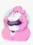  anthro belly_grab big_breasts blush breasts canid canine clothing curvy_figure ear_piercing female fur hi_res lunarclaws mammal piercing pink_body pink_fur smile solo underwear voluptuous wide_hips 