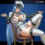  1girl akame_ga_kill! artist_name blue_eyes blue_hair blush boots breasts chair chest_tattoo choker cleavage commentary_request english_commentary esdeath eyebrows_visible_through_hair hair_between_eyes hat large_breasts long_hair long_sleeves looking_at_viewer military military_uniform mixed-language_commentary niur open_mouth peaked_cap sitting smile solo tattoo thigh_boots thighhighs uniform 