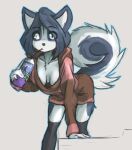  anthro arm_support beverage black_nose blue_eyes breasts canid canine canis chest_tuft cleavage clothed clothing container cup curled_tail domestic_dog drinking eyebrow_through_hair eyebrows female fur grey_background grey_body grey_fur grey_hair hair hair_over_eyes hi_res holding_cup holding_object husky leaning leaning_forward leg_tuft legwear looking_aside mammal nordic_sled_dog short_hair simple_background solo spitz suvi_(tinygaypirate) text thigh_highs tinygaypirate topwear translucent translucent_hair tuft white_body white_fur 