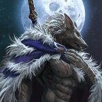  1boy abs bara bare_pectorals blaidd_the_half-wolf cloak elden_ring from_side full_moon fur_cloak furry furry_male highres holding holding_weapon large_pectorals male_focus moon muscular muscular_male neungsonie night night_sky nipples pectorals scar scar_on_chest short_hair sky solo stomach tusks weapon weapon_on_back wolf_boy 