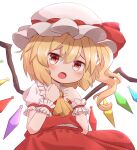  1girl ascot bangs blonde_hair blush bow commentary_request coruthi cowboy_shot crystal flandre_scarlet frilled_shirt_collar frilled_sleeves frills hair_between_eyes hat heart heart-shaped_pupils highres looking_at_viewer medium_hair mob_cap one_side_up open_mouth puffy_short_sleeves puffy_sleeves red_bow red_eyes red_skirt red_vest shirt short_sleeves skirt solo symbol-shaped_pupils touhou vest white_background white_shirt wings wrist_cuffs yellow_ascot 