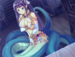  1girl bare_shoulders blush breasts bubuzuke closed_mouth female_masturbation game_cg green_eyes hair_tassel indoors lamia lamia_hygieia large_breasts long_hair mamonomusume_to_no_seikatsu_~ramia_no_baai~ masturbation monster_girl navel scales self_fondle snake_tail tail 