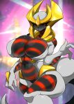  2021 3_fingers absurd_res altered_forme_giratina anthro anthrofied ashraely big_breasts black_body black_sclera breasts curvy_figure digital_media_(artwork) eyelashes female fingers front_view genitals giratina glistening glistening_body hi_res horn huge_breasts humanoid legendary_pok&eacute;mon looking_at_viewer multicolored_body navel nintendo non-mammal_breasts pok&eacute;mon pok&eacute;mon_(species) pok&eacute;morph pussy red_body red_eyes solo thick_thighs video_games voluptuous white_body wide_hips yellow_body 