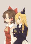  2girls :q absurdres bangs benikurage_(cookie) big_mouse black_gloves black_jacket blonde_hair blush bow braid breasts brown_eyes brown_hair closed_mouth commentary_request cookie_(touhou) cowboy_shot cup detached_sleeves drinking_straw frilled_bow frilled_hair_tubes frills gloves grey_background hair_between_eyes hair_bow hair_tubes hakurei_reimu hat highres holding holding_cup jacket kirisame_marisa long_hair long_sleeves looking_at_another medium_hair multiple_girls parted_bangs party_hat purple_bow red_bow red_shirt rei_(cookie) ribbon-trimmed_sleeves ribbon_trim sarashi shirt side_braid simple_background single_braid sleeveless sleeveless_shirt small_breasts smile tongue tongue_out touhou white_shirt white_sleeves yellow_eyes 