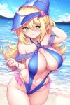  1girl arm_up bangs bare_shoulders beach blonde_hair blue_headwear blue_swimsuit blush breasts casual_one-piece_swimsuit center_opening choker cleavage commentary cowboy_shot dark_magician_girl day duel_monster eyebrows_visible_through_hair green_eyes groin hair_between_eyes halterneck hat highleg highleg_swimsuit highres ivenglynn large_breasts long_hair looking_at_viewer navel ocean one-piece_swimsuit outdoors parted_lips skindentation smile solo standing swimsuit wet wizard_hat yellow_choker yu-gi-oh! 