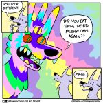  3_ears 3_eyes ac_stuart ambiguous_gender awoo_(ac_stuart) canid canine canis comic dialogue duo english_text fangs feral grin kevin_(ac_stuart) male_(lore) mammal multi_eye open_mouth pink_wolf_(ac_stuart) psychedelic smile speech_bubble text wolf 