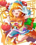  1girl absurdres apron back_bow bow brooch bun_cover cure_yum-yum delicious_party_precure double_bun eyebrows_visible_through_hair gloves hair_between_eyes hanamichi_ran heart_brooch highres huge_bow jewelry jumping lantern looking_at_viewer magical_girl one_eye_closed open_mouth orange_eyes orange_hair orange_skirt paper_lantern precure skirt smile solo v waist_apron white_gloves white_stripes yuutarou_(fukiiincho) 