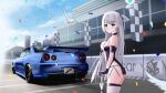  1girl absurdres azur_lane bangs bird blue_eyes breasts car closed_mouth eyebrows_visible_through_hair feet_out_of_frame gloves ground_vehicle highres holding holding_umbrella kcar66t long_hair looking_at_viewer medium_breasts mole mole_under_eye motor_vehicle official_alternate_costume petals pigeon purple_gloves race_queen shoukaku_(azur_lane) shoukaku_(sororal_wings)_(azur_lane) side_ponytail sideboob silver_hair solo standing thighhighs thighs umbrella white_legwear 