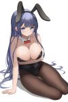  1girl absurdres animal_ears arm_support arm_under_breasts bare_shoulders black_legwear black_leotard blue_eyes blue_hair bow bowtie breasts cleavage collar highres large_breasts leotard looking_at_viewer original pantyhose playboy_bunny purple_hair rabbit_ears solo thigh_gap thighs ttusee5 white_background 