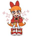  1girl alternate_costume bangs blossom_(ppg) blunt_bangs bow bright_pupils clenched_hand eyebrows_visible_through_hair hair_behind_ear hair_bow hand_in_pocket head_tilt highres hood hooded_jacket jacket long_hair orange_eyes orange_hair powerpuff_girls red_bow red_jacket smile solo sparkle thighhighs tkddud632 white_background white_legwear white_pupils 