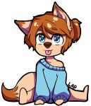  anthro biped blep blue_clothing blue_eyes blue_sweater blue_topwear brown_ears brown_hair brown_tail canid canine clothing digital_media_(artwork) dipstick_ears dipstick_tail eyebrow_through_hair eyebrows female fox fur glistening glistening_eyes glistening_hair hair hi_res mammal markings multicolored_body multicolored_ears multicolored_fur pink_tongue ponytail riddlr simple_background sitting solo spread_legs spreading sweater tail_markings tan_body tan_fur tan_inner_ear tan_tail tongue tongue_out topwear translucent translucent_hair two_tone_body two_tone_fur white_background 