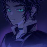  1boy aqua_eyes bangs black_hair choker closed_mouth dark demon_slayer_uniform elfegg glowing glowing_eyes green_eyes kaigaku kimetsu_no_yaiba looking_at_viewer male_focus portrait purple_theme short_hair sidelocks solo 