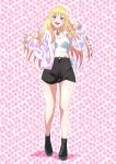  1girl artist_name black_footwear black_ribbon blonde_hair boots camisole casual dated full_body highres jacket kitagawa_marin long_hair looking_at_viewer midriff neck_ribbon pink_background pink_jacket red_eyes ribbon solo sono_bisque_doll_wa_koi_wo_suru tsuji643163271 white_camisole 