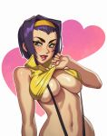  1girl black_hair blush breasts cleavage cowboy_bebop crop_top eyebrows faye_valentine green_eyes grin hairband highres large_breasts lips lipstick looking_at_viewer makeup navel parted_lips red_lips riz short_hair smile solo teeth upper_body 