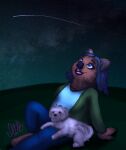  absurd_res anthro blue_hair canid canine canis clothing domestic_dog duo female feral green_clothing green_jacket green_topwear hair hi_res jacket macropod mammal marsupial night pet quokka shooting_star topwear vampirsttg 