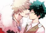 2boys bakugou_katsuki blonde_hair blush boku_no_hero_academia cape cho_mo_futoshi closed_eyes closed_mouth collared_shirt earrings face-to-face fangs freckles from_side fur-trimmed_cape fur_trim green_hair green_vest jewelry looking_at_another male_focus midoriya_izuku multiple_boys multiple_necklaces necklace official_alternate_costume open_mouth red_cape red_eyes shirt short_hair simple_background speech_bubble spiked_hair teeth vest white_background white_shirt 