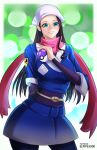  1girl akari_(pokemon) akari_(pokemon)_(cosplay) black_hair blue_eyes commentary cosplay dawn_(pokemon) dawn_(pokemon)_(cosplay) elpipe_3000 highres holding holding_poke_ball master_ball nico_robin one_piece poke_ball pokemon pokemon_(game) pokemon_legends:_arceus robe scarf solo straight_hair thighhighs 