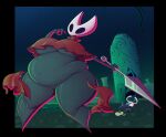  ambiguous_gender anthro arthropod belly big_belly big_breasts black_body bottomless breasts cloak clothed clothing duo female genitals holding_object holding_weapon hollow_knight horn hornet_(hollow_knight) huge_thighs insect navel non-mammal_breasts overweight overweight_anthro overweight_female protagonist_(hollow_knight) pussy scaliecrocs team_cherry tearing_clothing thick_thighs torn_clothing vessel_(species) video_games weapon 