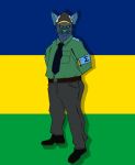  anthro blue_body blue_fur brazil clothing flat_colors fur hi_res hyaenid khino male mammal military_uniform simple_background soldier striped_hyena uniform warrior 